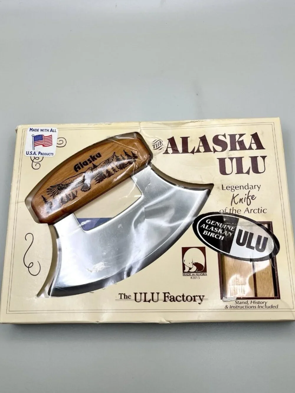 Vintage 1993 Alaska Ulu Knife Alaskan Birch Handle Original Box Cabin NEW Eagle